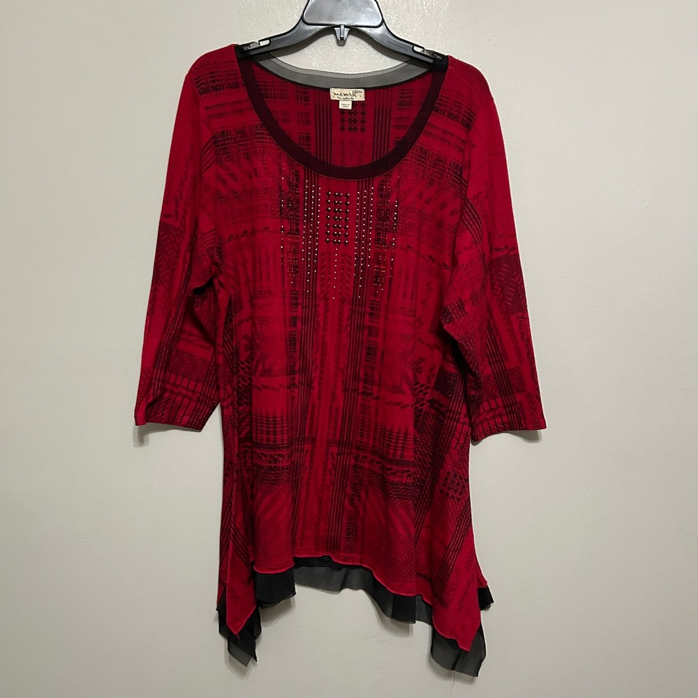 One Love Women's Tunic Shirt XXL Red‎ Black Plaid Embelished 3/4 Sleeve Layered
